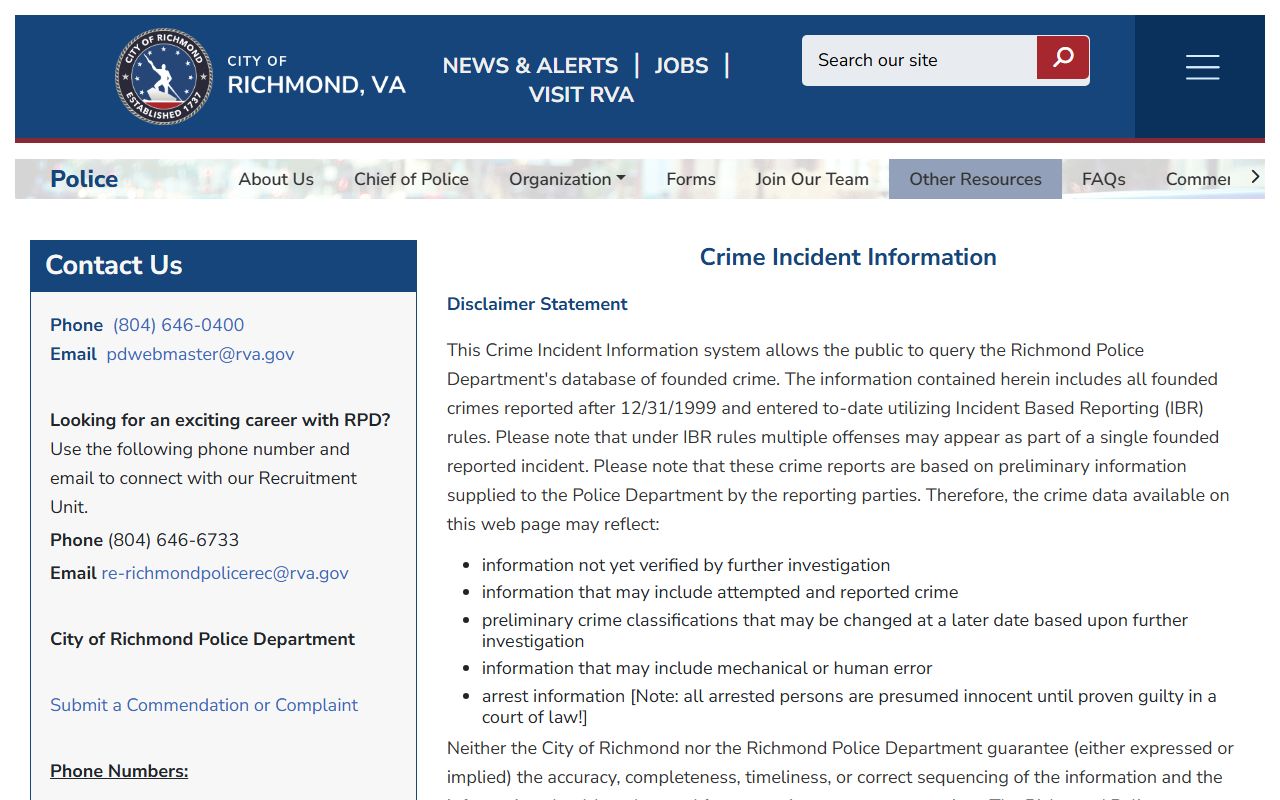 Richmond Recent Arrests Police crime incident search