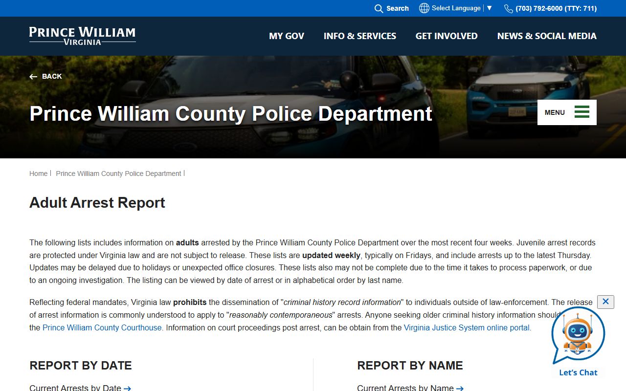 Prince William County Virginia Recent Arrests Adult Arrest Report page