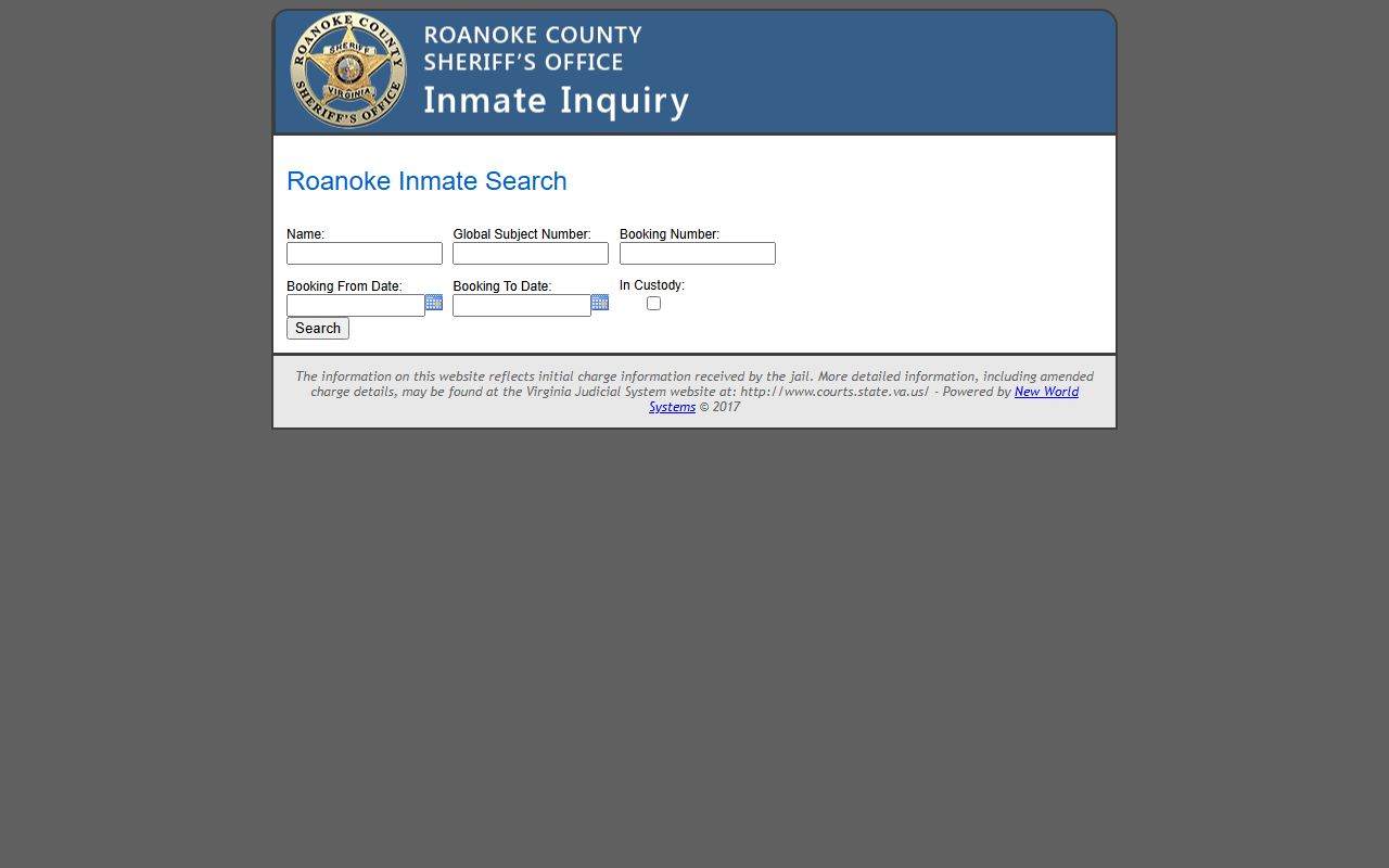 Roanoke County Virginia Recent Arrests Sheriff Inmate Inquiry page