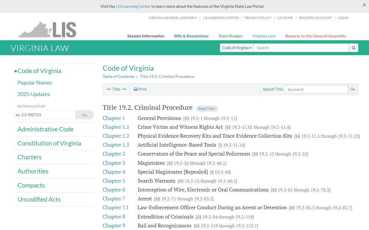 Code of Virginia Title 19.2 criminal procedure and arrest laws